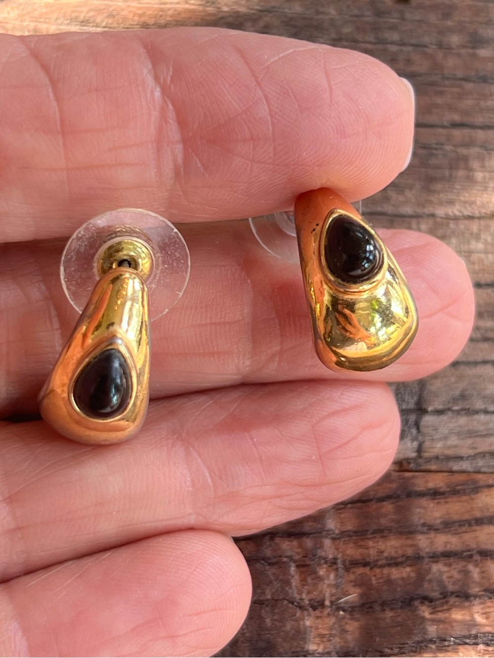 Gold-Tone Teardrop Earrings with Black Accent Stone